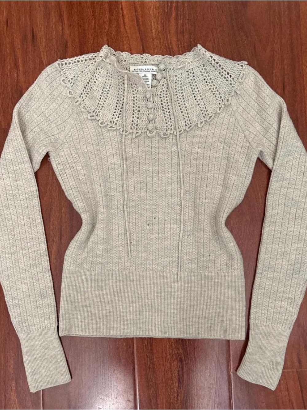 Banana Republic Neutral Beige Crochet Yoke Ribbed Sweater